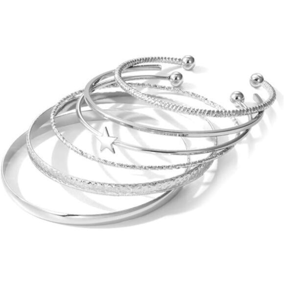 6 Silver Bangle Bracelets for Women, Multi Layer Stackable Cuff Bracelet Set, - Picture 7 of 8